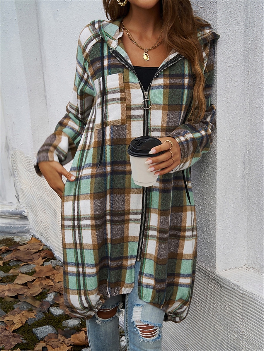 Mujer Chaqueta con capucha Exterior Calle Ropa Cotidiana Otoño Invierno Largo Abrigo Ajuste regular Mantiene abrigado Transpirable Elegante Casual Chaquetas Manga Larga Rayas y Cuadros Con bolsillos 2025 - $32.99 –P3