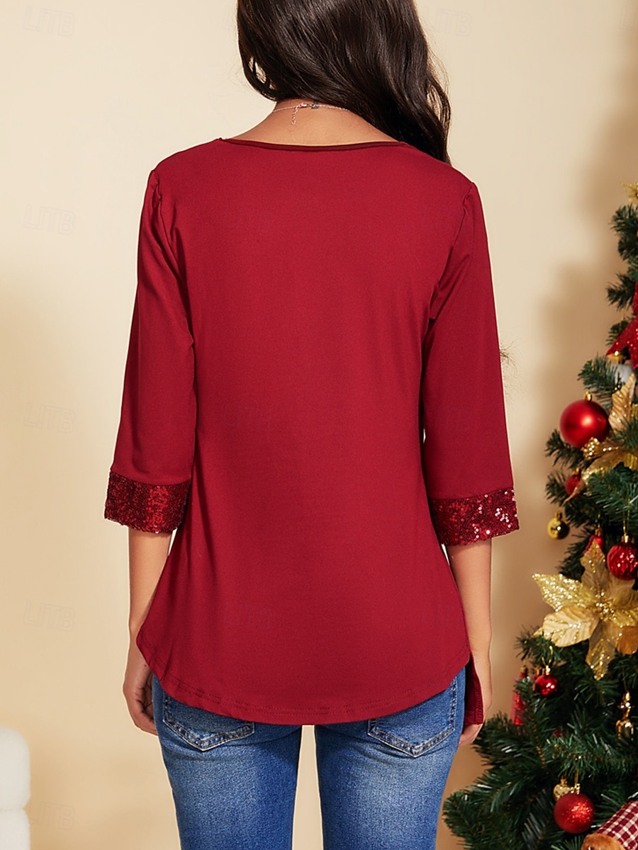 Damen Tunika Bluse einfarbig Alltag Casual Langarm V-Ausschnitt rot Frühling Herbst 2025 - $24.99 –P2
