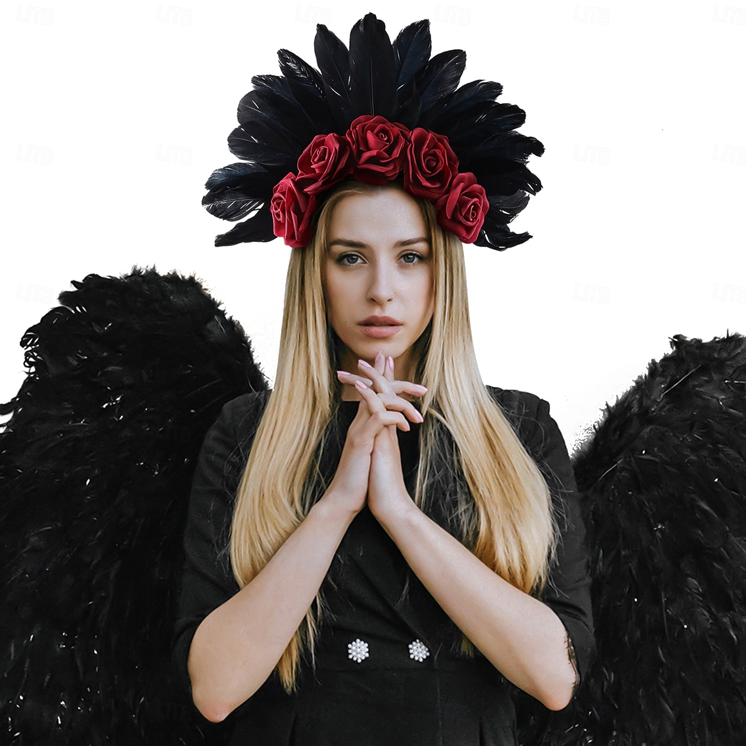 svart fjäder och röd ros blommigt pannband för kvinnor – gotisk blommig krona för halloween, kostymfester och festivaler 2025 - $14.99 –P1