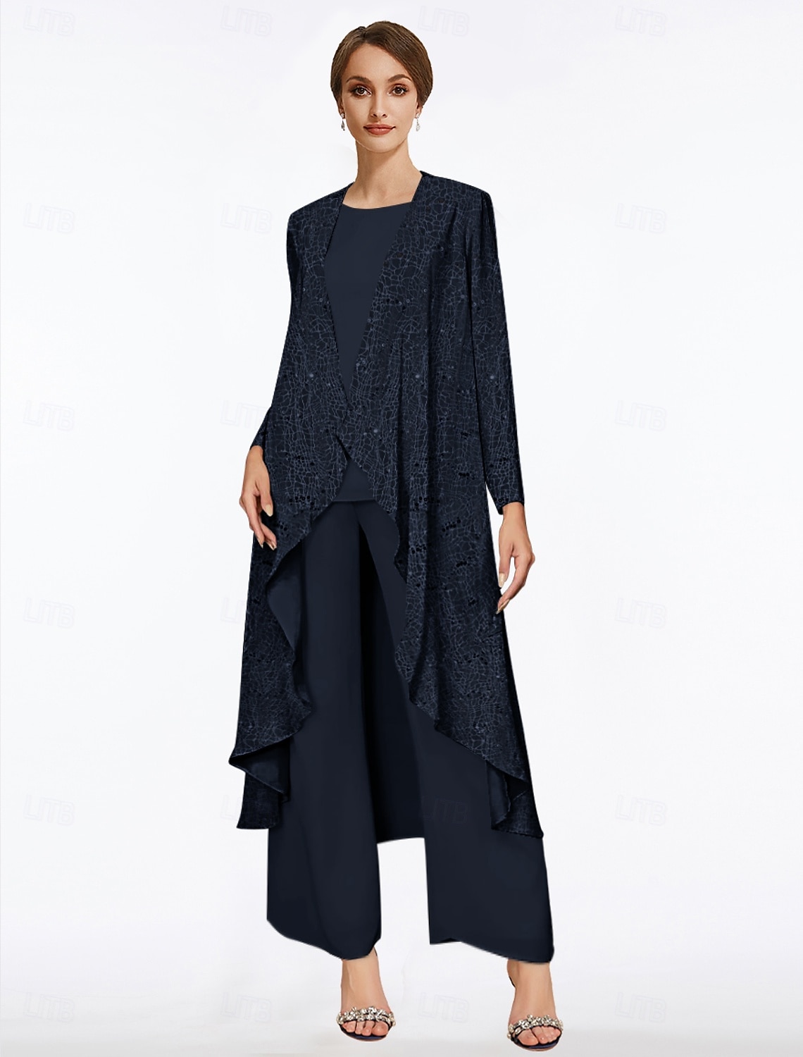 Strand Bröllop Byxdress Byxdress 3 Delar Mor till Bruden Bröllop Gäst Elegant Rundad Hals Golvlängd Chiffon Spets Ärmlös Wrap Inkluderad med Pärla 2025 gratis anpassad storlek 2025 - $179.99 –P6