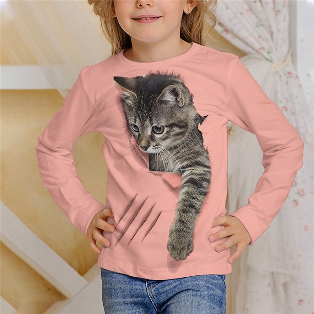 Flickor 3D Grafisk Djur Katt T-shirt Långärmad Vår Höst Mode Grundläggande Barn 4-12 år Rund hals Utomhus Ledigt Dagligen Normal 2025 - $13.99 –P3