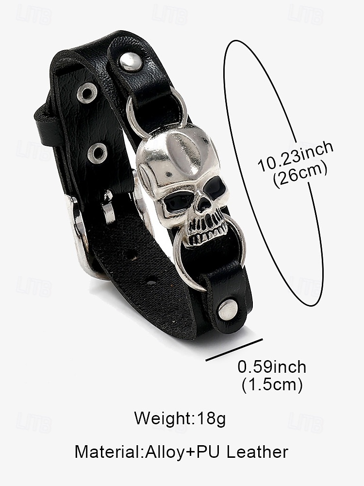 Men's Black Leather Bracelet with Silver Skull Charm – Gothic Punk Adjustable Wristband for Halloween and Biker Style 2025 - $9.99 –P6