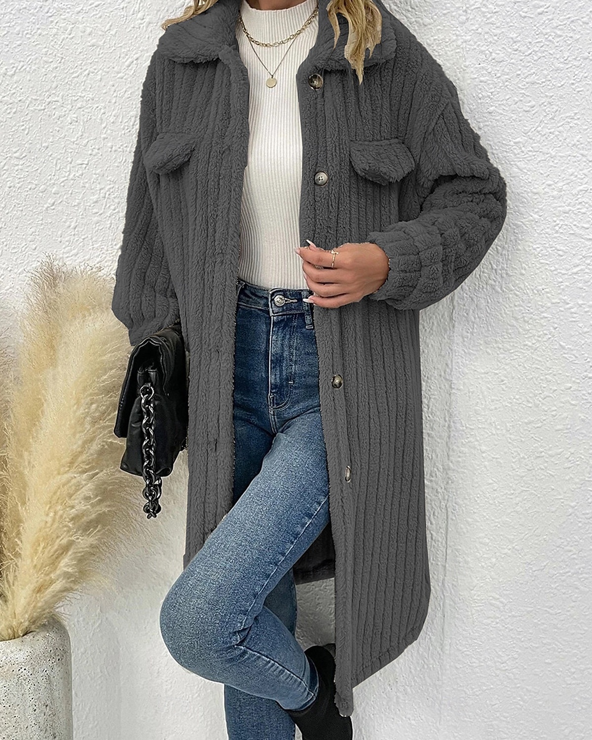 Dam Vinterkappa Fleece-jacka Teddyrock Håller värmen Andningsfunktion Ficka Mode Ledigt Slät Arbete Gata Enkelknäppt Lång Nedvikt Lös passning Långärmad Ytterkläder Brun Mörkgrå Beige Höst Vinter 2025 - $62.99 –P5