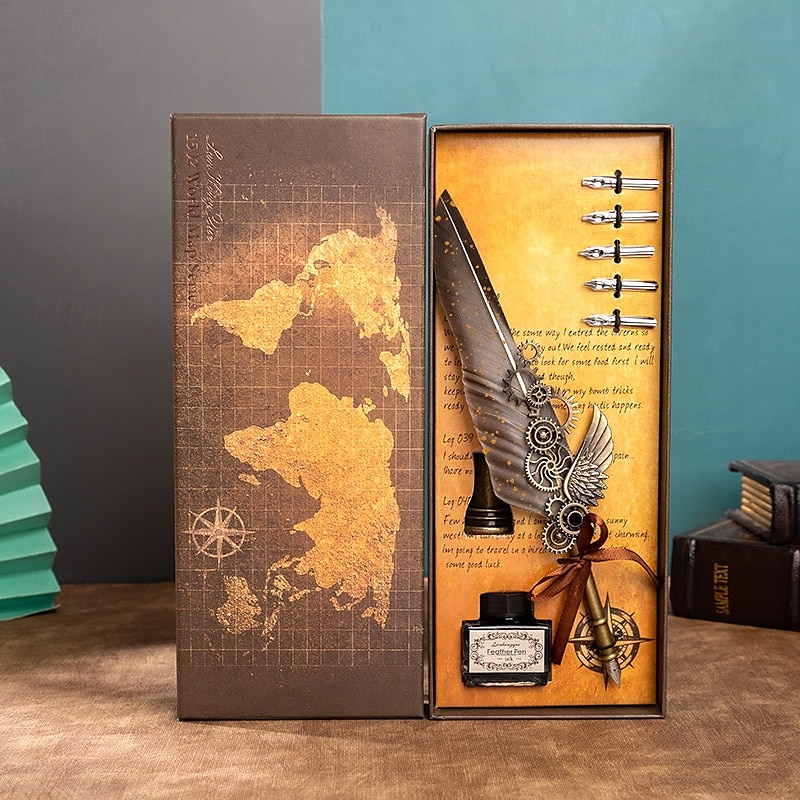 1 Set Geschenkbox, Federkiel, Kalligraphie-Stift und Tintenschreiber-Set, antikes Schreiben, Quilt-Tintenfeder, mechanisches Getriebe, Steampunk-Federkiel zum Zeichnen, Signieren und für 2025 - $28.99 –P7