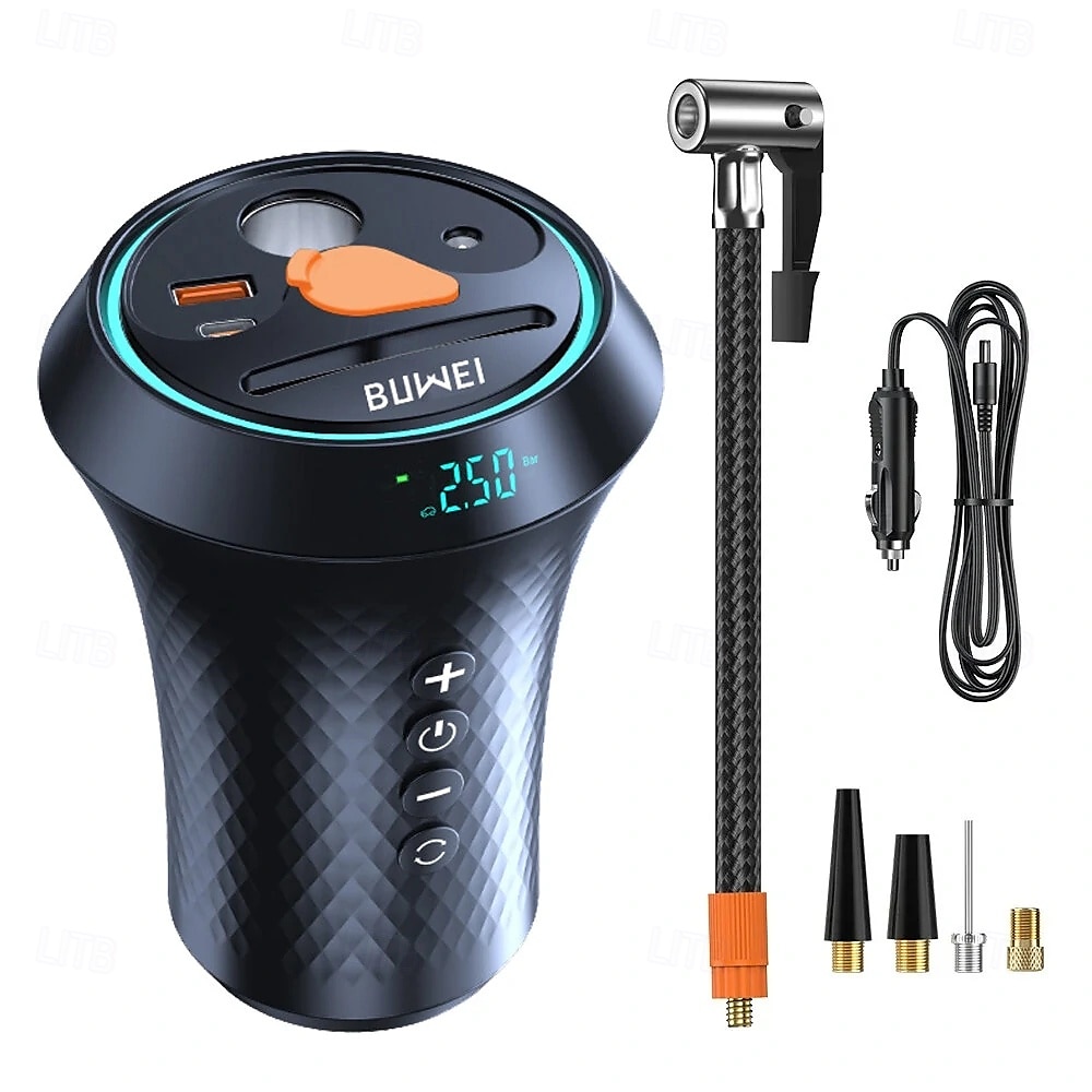 2-in-1 draagbare luchtpomp cup extender autolader bandenpomp luchtcompressor autopomp pomp mobiele telefoon snel opladen 2025 - $47.99 –P6