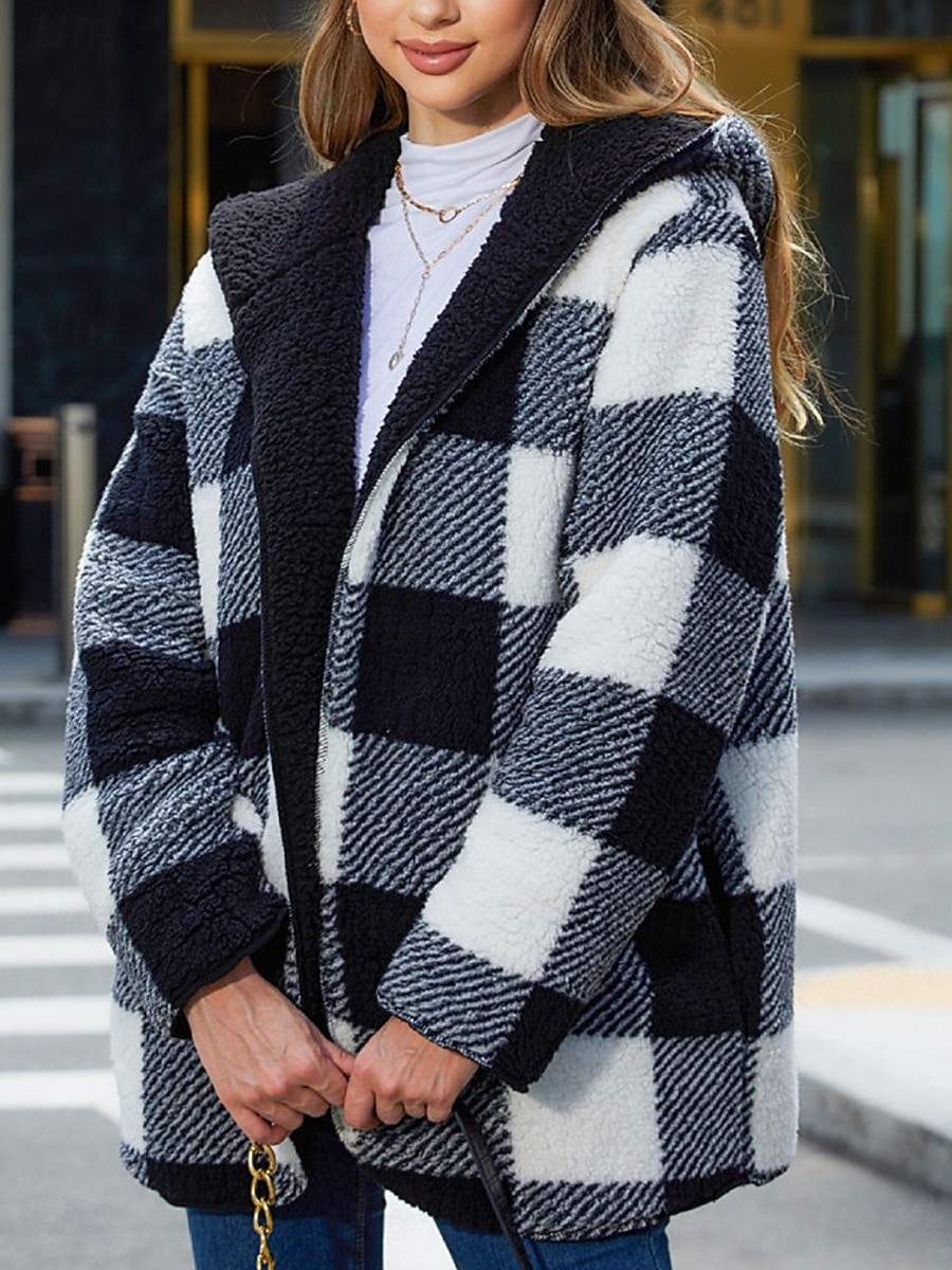 Per donna Giacca in pile Cappotto teddy Giacca con cappuccio Tenere al caldo Traspirante Tasche In pile Informale A quadri Da mare Strada Da tutti i giorni Per uscire Apertura anteriore Standard Felpa del 2025 a $62.99 –P8