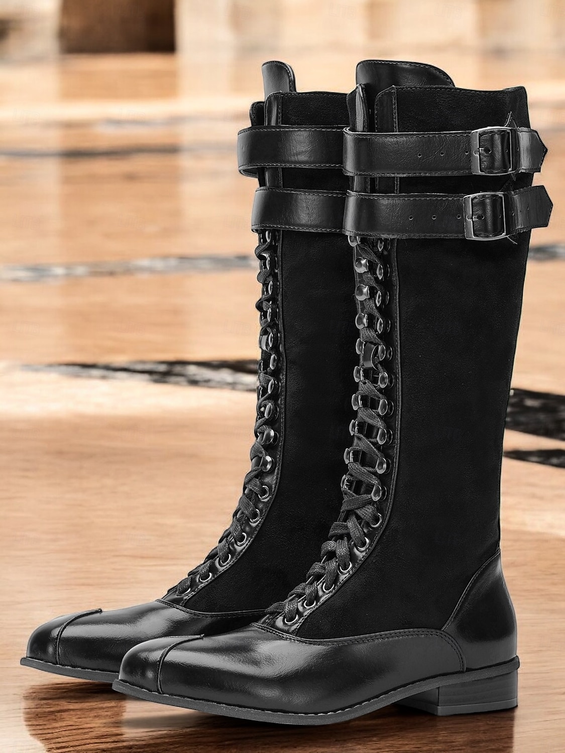 botas femininas de camurça sintética bordô e couro sintético preto com cadarço na altura do joelho – design de inspiração vintage com tiras de fivela dupla, perfeitas para uso casual e formal de 2025 por $64.99 –P4