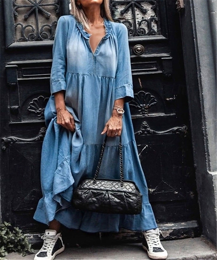 Robe de travail Robe casual Femme robe longue Elégant Mode A Volants Col V manche longue Bureau du quotidien Plein Ample Noir Bleu Printemps Automne S M L XL 2XL de 2025 ? $51.99 –P1