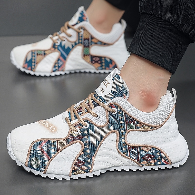 Men's White Athletic Sneakers with Tribal Print and Mesh Upper – Lightweight Running Shoes for Sports and Casual Wear 2025 - $42.99 –P1