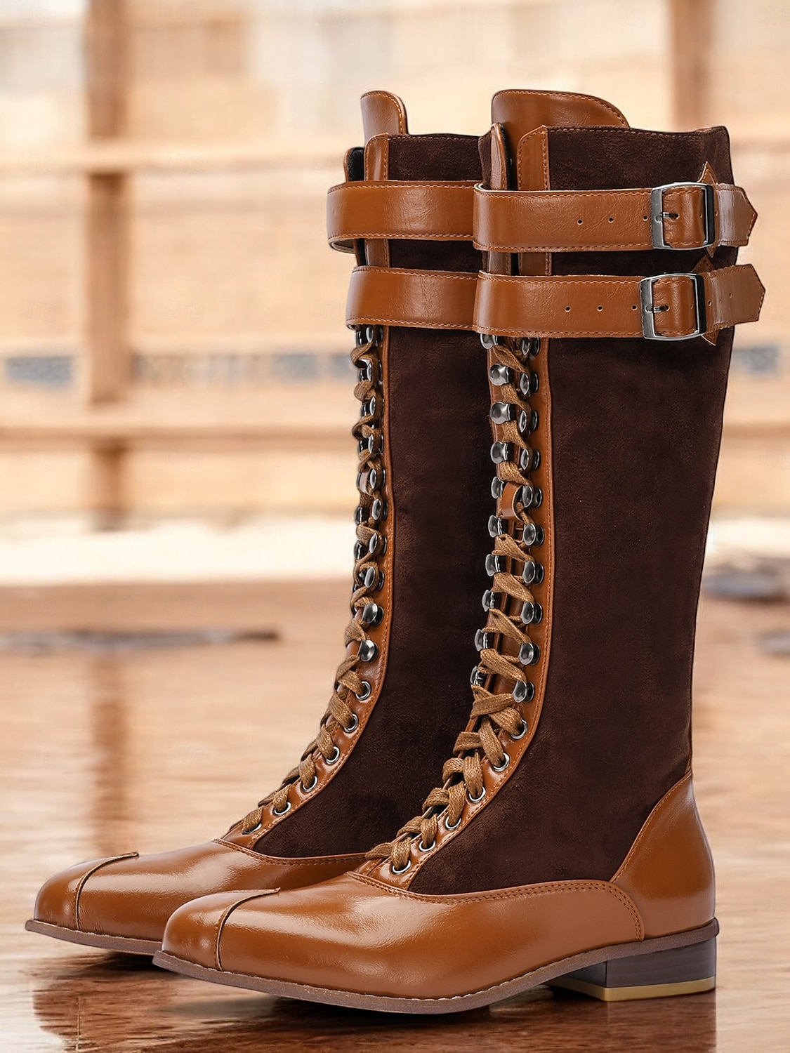 botas femininas de camurça sintética bordô e couro sintético preto com cadarço na altura do joelho – design de inspiração vintage com tiras de fivela dupla, perfeitas para uso casual e formal de 2025 por $64.99 –P2