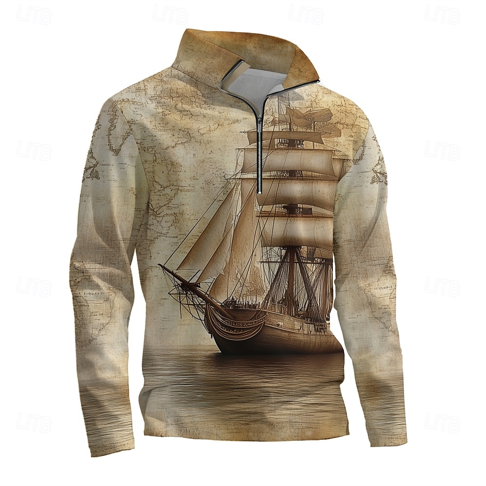 Hombre Graphic Bote Sudaderas Sudadera con un cuarto de cremallera Manga Larga Camisa de entrenamiento Escote Chino Diario Casual retro de la vendimia Impresión 3D Vacaciones Noche Ropa de calle 2025 - $29.99 –P4