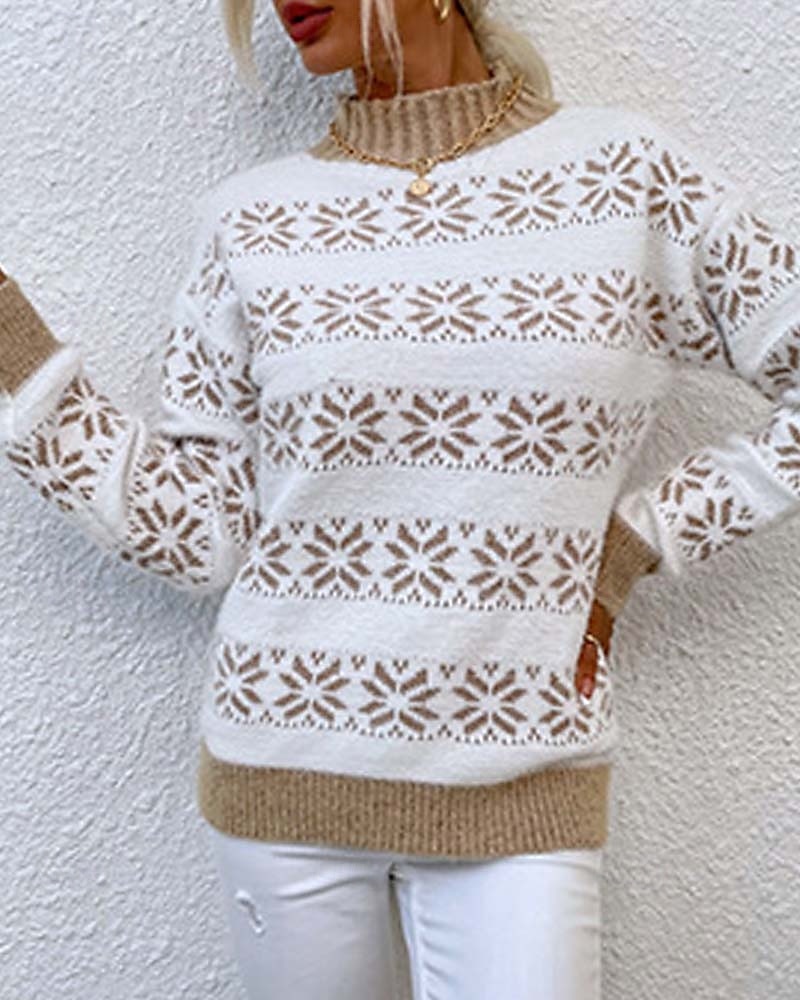 stickad snöflingatröja dam höghalsad långärmad ribbad textur vit ljusblå vinter festlig semester kläder med normal passform 2025 - $29.99 –P6