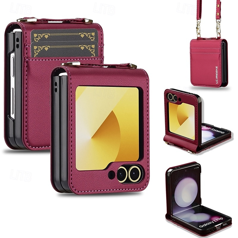 telefone Capinha Para Samsung Galaxy Z Flip 7 Z Virar 6 Z Flip 5 Z Flip 4 Z Flip 3 Capa traseira com cordão com pulseira Slot para cartão TPU Metal Couro PU de 2025 por $17.99 –P1