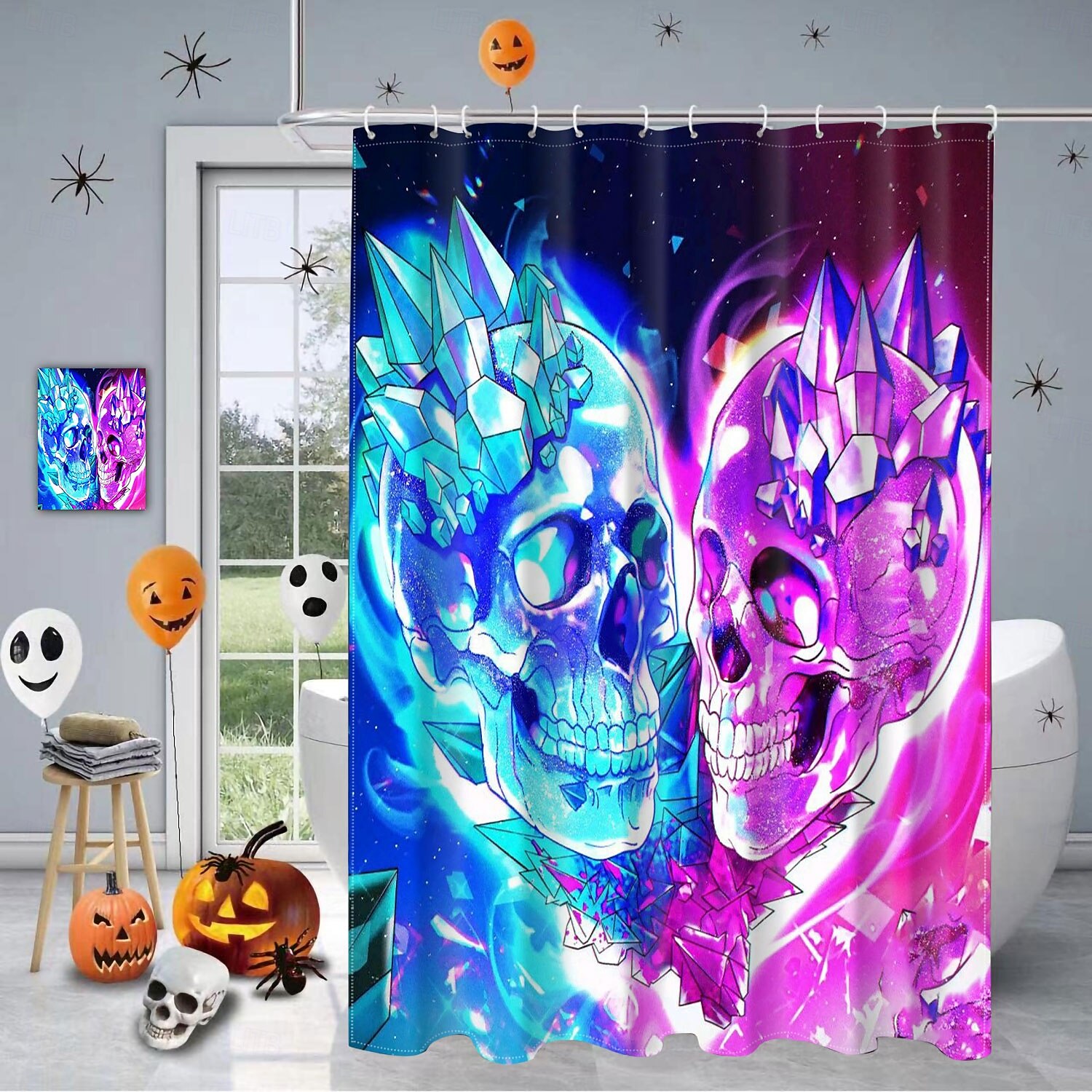 cortina de chuveiro de halloween com ganchos para banheiro cortina de chuveiro de caveira conjunto de decoração de banheiro poliéster à prova d'água pacote com 12 ganchos de plástico cabeças de de 2025 por $21.99 –P7