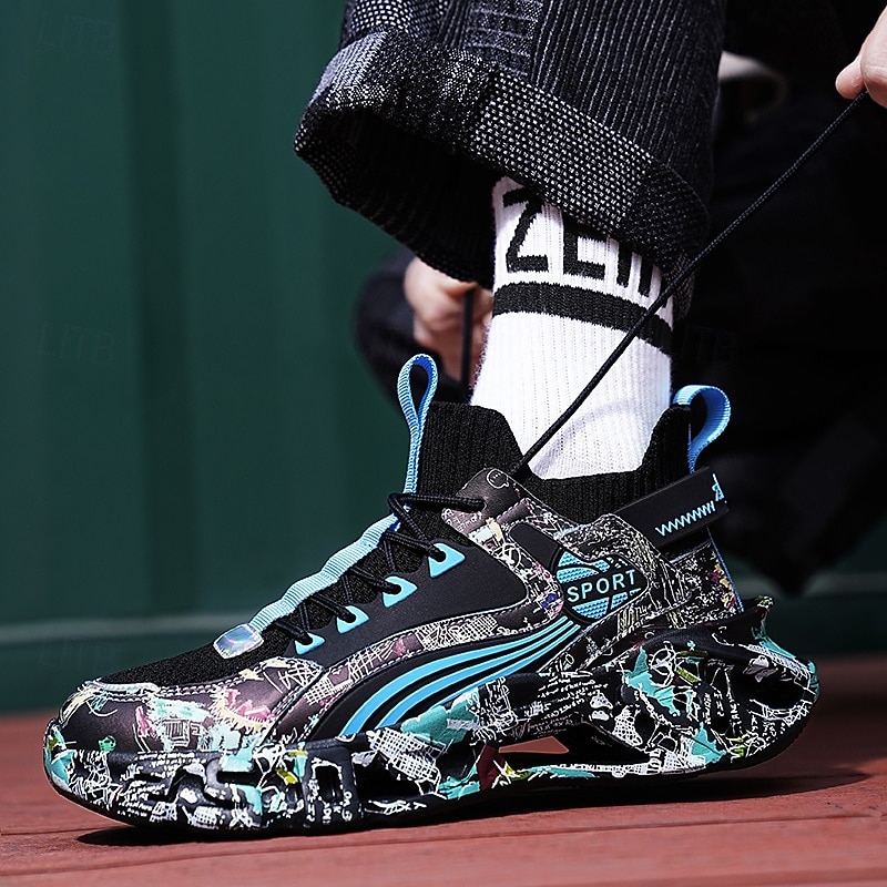 sneakers alte da uomo con motivo graffiti – scarpe sportive streetwear colorate con chiusura con lacci, tomaia in mesh traspirante per abbigliamento casual e sportivo del 2026 a $64.99 –P4