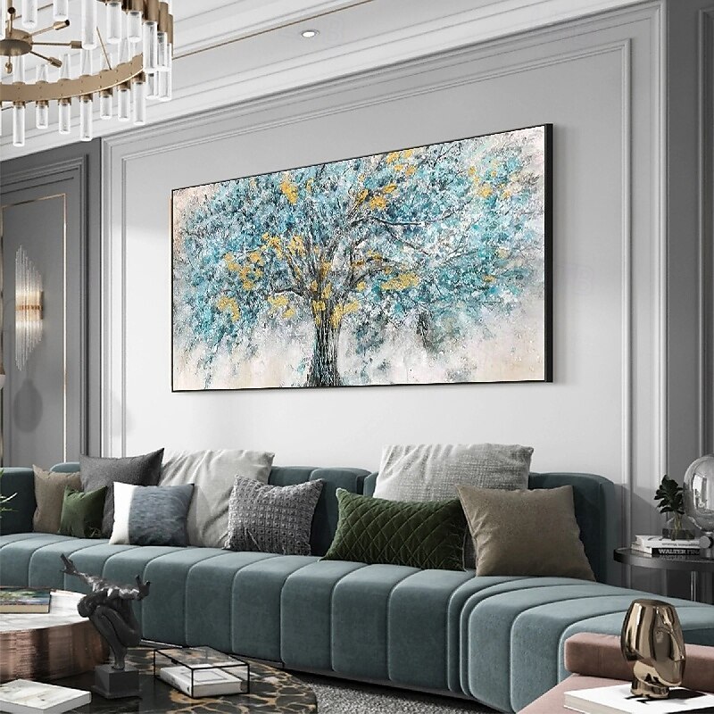 extra großes handgemaltes abstraktes Blumenölgemälde handgemachte Wandkunst große Spachtellandschaftsgemälde Frühlingsgold-Bule-Blumengemälde moderne dekorative Baumgemälde Raumkunst 2025 - $61.99 –P5