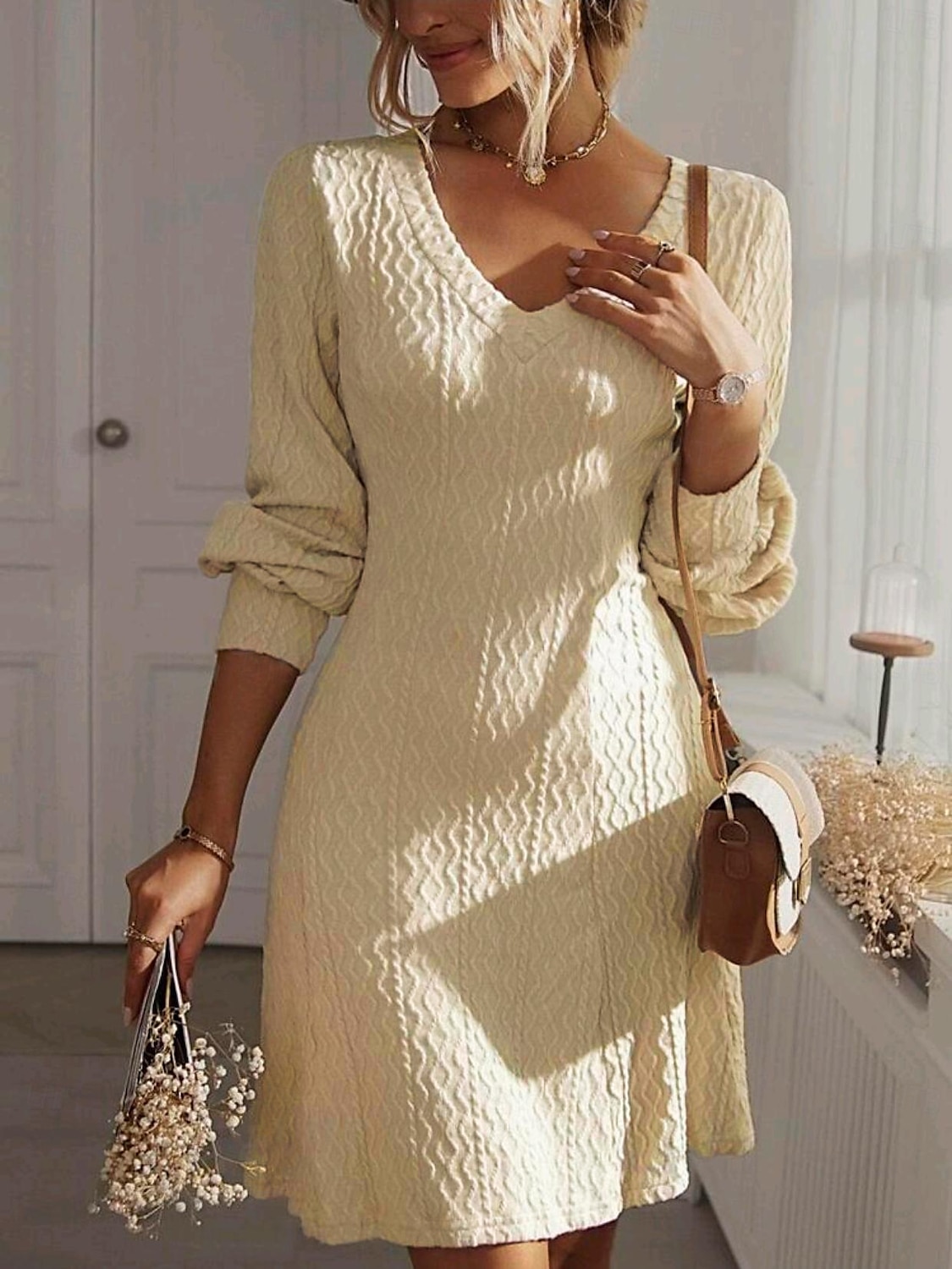 Dame Arbeidskjole Svart kjole Mote Arbeidsmote Midikjole Design V-hals Langermet عادي Normal Svart Rosa Beige Høst Vinter S M L XL 2XL 2025 - $35.99 –P3