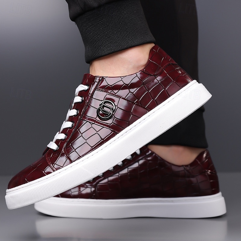 Heren burgundy krokodillenpatroon imitatie leren sneakers met vetersluiting – stijlvolle casual schoenen voor dagelijks gebruik 2025 - $54.99 –P1