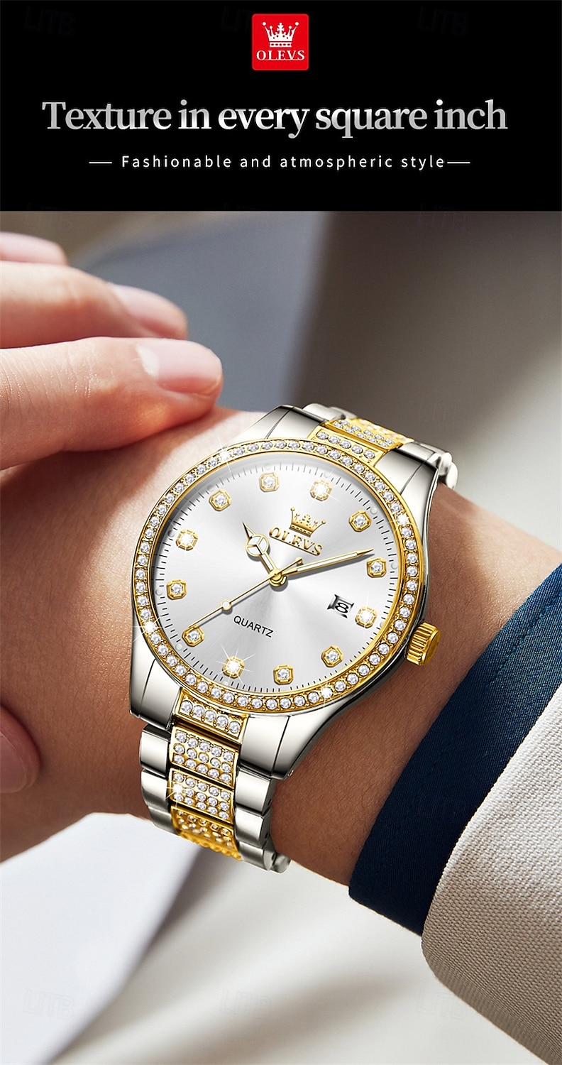 nieuwe olevs olevs merk heren stalen band horloge met diamanten lichtgevende kalender modetrend eenvoudig zakelijk quartz horloge vakantie waterdicht sport heren polshorloge 2025 - $31.99 –P16