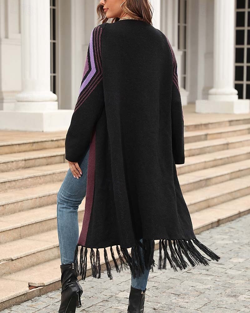 Femme Gilet Cardigan Mode du quotidien Géométrique Ouvrir le devant Franges manche longue Hauts longs Tricoter Extérieur Sortie Fin de semaine Noir Chameau Automne Hiver de 2025 ? $65.99 –P10
