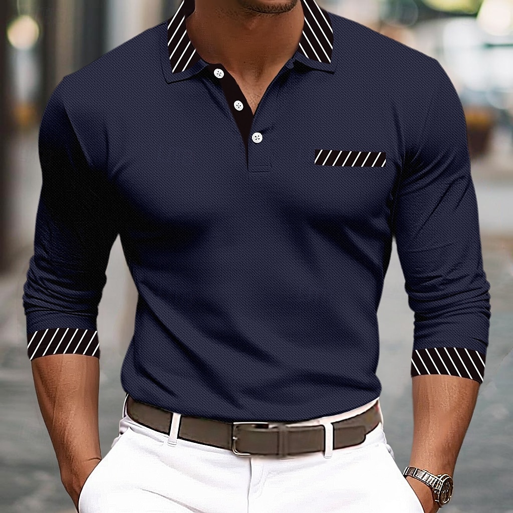 Men's Golf Shirt Pique Polo Shirt Business Casual Turndown Long Sleeve Fashion Basic Solid Color Color Block Patchwork Button Spring & Fall Regular Fit Black White Burgundy Navy Blue Orange Golf 2025 - $20.99 –P6