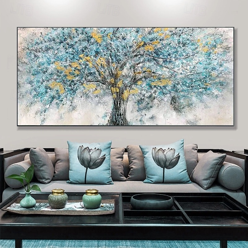extra großes handgemaltes abstraktes Blumenölgemälde handgemachte Wandkunst große Spachtellandschaftsgemälde Frühlingsgold-Bule-Blumengemälde moderne dekorative Baumgemälde Raumkunst 2025 - $61.99 –P4