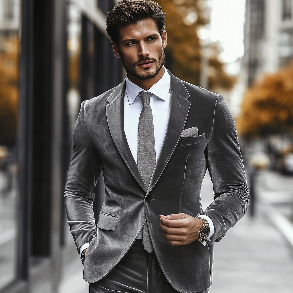 De los hombres Boda Ropa de fiesta de noche Trajes Gris Moda Diario Color sólido Estándar Juego de 2 piezas Recto 1 botón 2025 - GBP £99 –P3