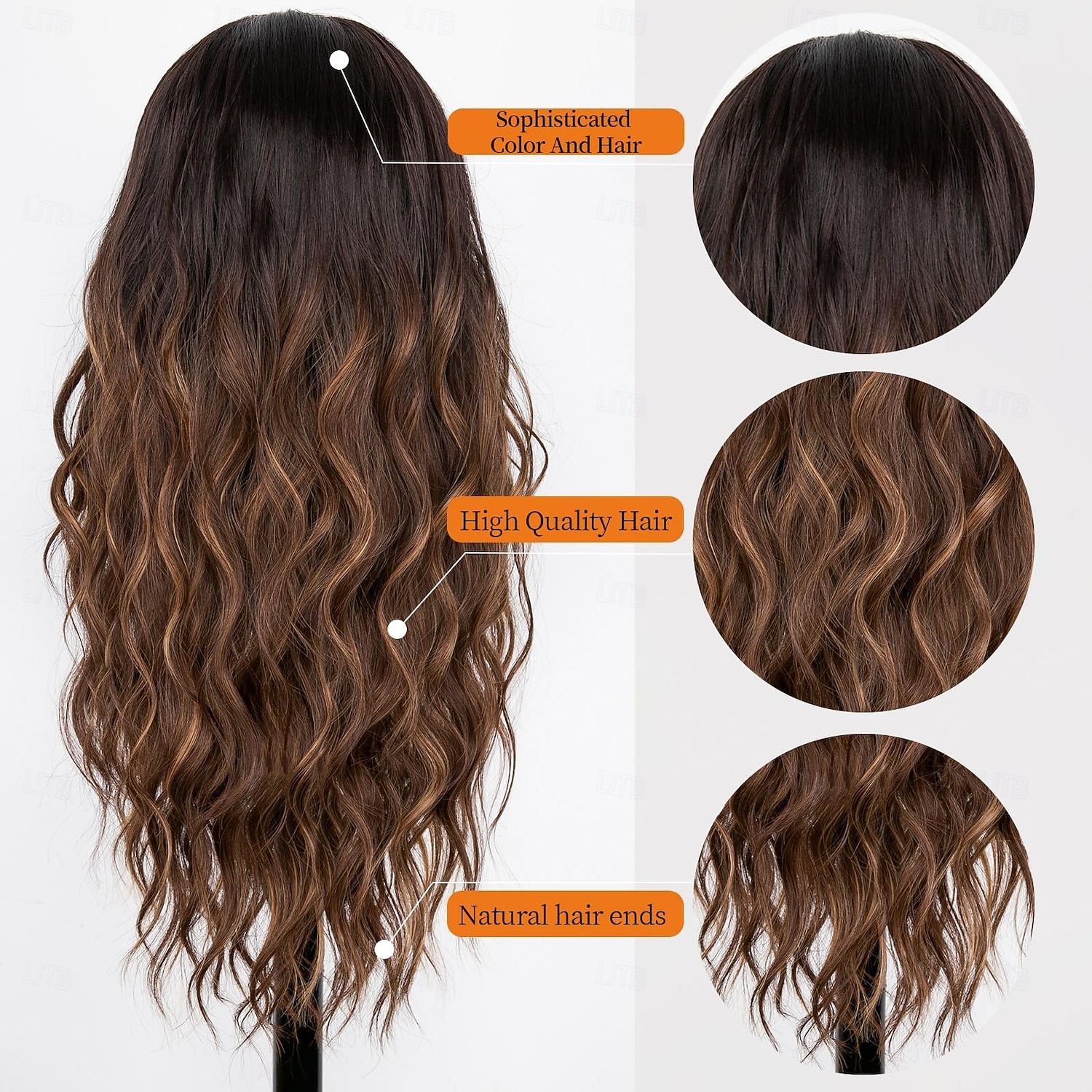 parrucca lunga castana ondulata con mèches, parte centrale, parrucche ricce, parrucche in pizzo con attaccatura dei capelli per donna, parrucche sintetiche resistenti al calore, castane ombré per uso del 2025 a $24.99 –P5