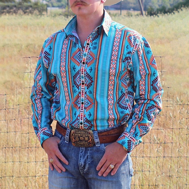 Herr Cowboy Västerländsk skjorta Knapp upp skjorta Cowboyskjorta Långärmad Mode Designer Ledigt Dagligen Höst vinter Nedvikt Skjortor med krage 3D-utskrift Framficka Gul Blå Purpur Grön Grå 2025 - $28.99 –P5
