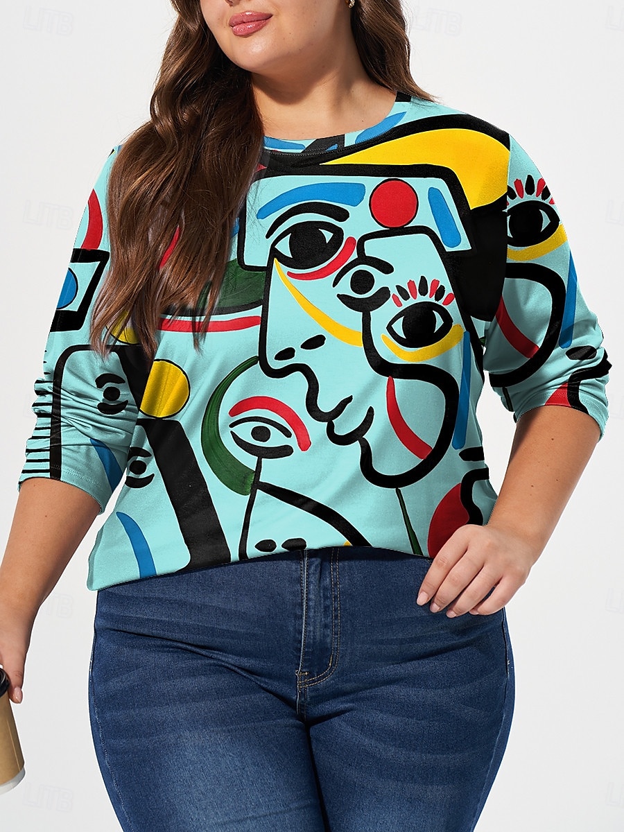 donna taglie forti top t-shirt maglietta stampa astratta manica lunga girocollo casual quotidiano autunno inverno bianco rosa del 2025 a $19.99 –P4