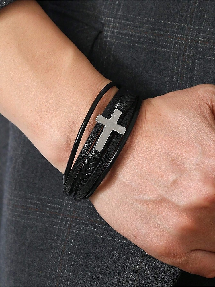 Schwarzes Lederarmband für Herren mit silbernem Kreuz – christliches religiöses Armband, verstellbarer Magnetverschluss 2025 - $11.99 –P2