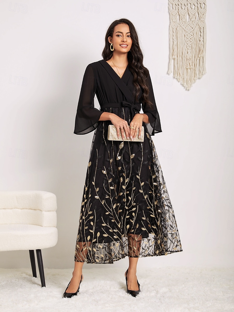 rochie midi de damă cu decolteu în V cu mânecă lungă cu model de ramuri aurii pur cu curea elegantă petrecere seară aur negru mărime întreagă 2025 - $99.99 –P1