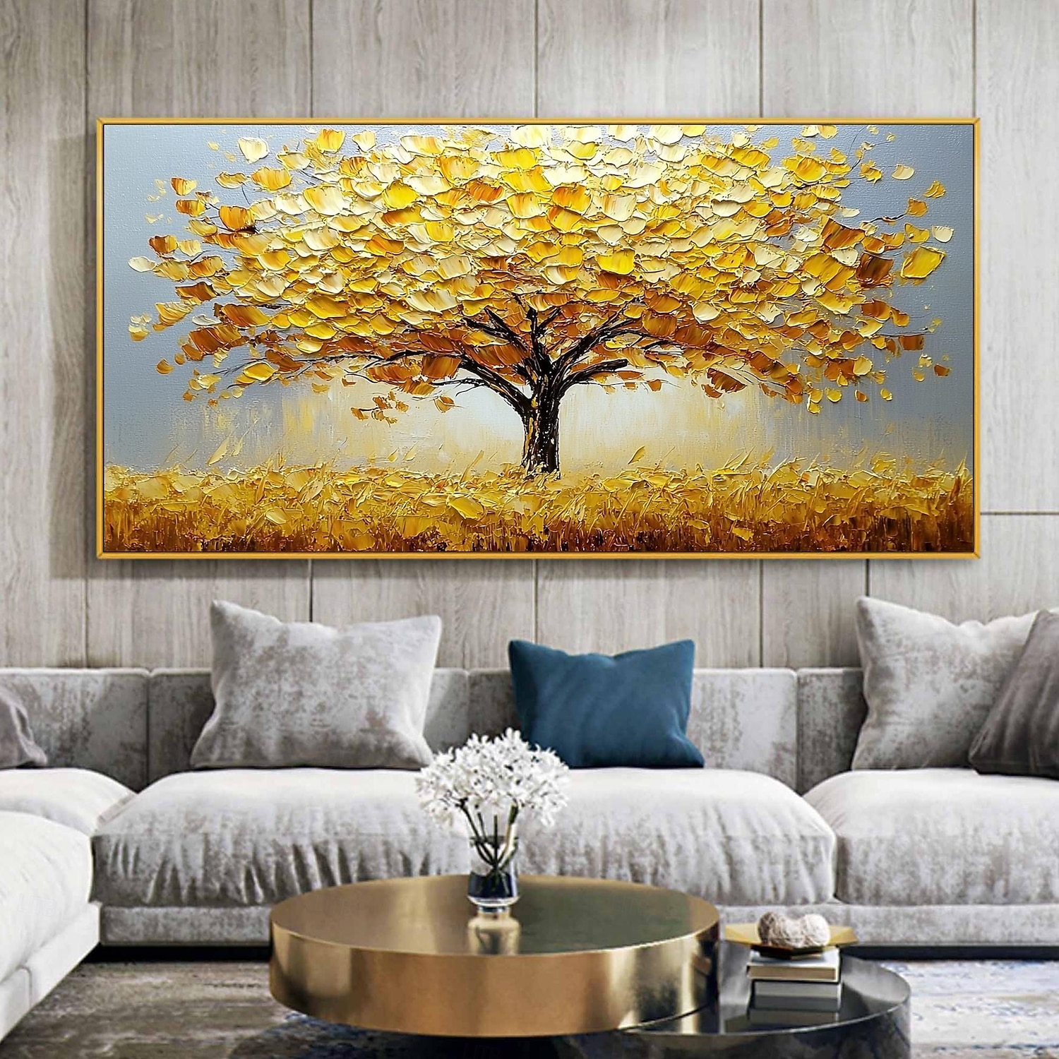 Handmade Original Golden Tree of Life Oil Painting On Canvas Abstract Texture Floral Wall Art for Home Decor With Stretched Frame/Without Inner Frame Painting 2025 - $150.99 –P8