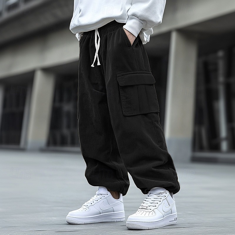 Homme Pantalon Cargo Pantalon en Velours Côtelé Pantalon Pantalon baggy Cordon Taille elastique Multi poche Couleur unie Respirable Doux Toute la longueur Formel Bureau Travail mode simple Ample Noir de 2025 ? $27.99 –P2