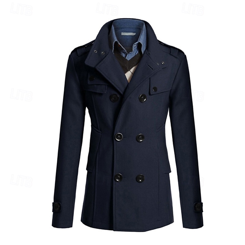Pánské Polní kabát Peacoat Trenčkot Denní Dovolená Podzim zima Polyester Zahřívací Svrchní oděvy Oblečení Módní Klasické Bez vzoru Kapsy Stojáček Dvouřadé 2025 - $49.99 –P14