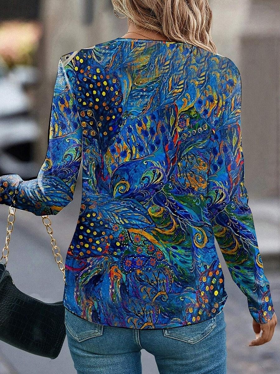 Tricou tunică pentru femei fashion casual imprimeu cu mânecă lungă regulat guler rotund zilnic albastru primăvară-toamnă 2025 - $22.99 –P3