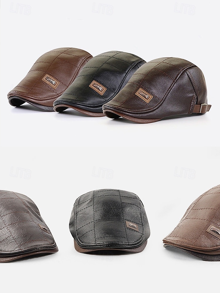 braune Schiebermütze aus Kunstleder für Herren mit gestepptem Design – klassische Vintage-Zeitungsjungenmütze für die Freizeit und den Outdoor-Bereich 2025 - $14.99 –P4