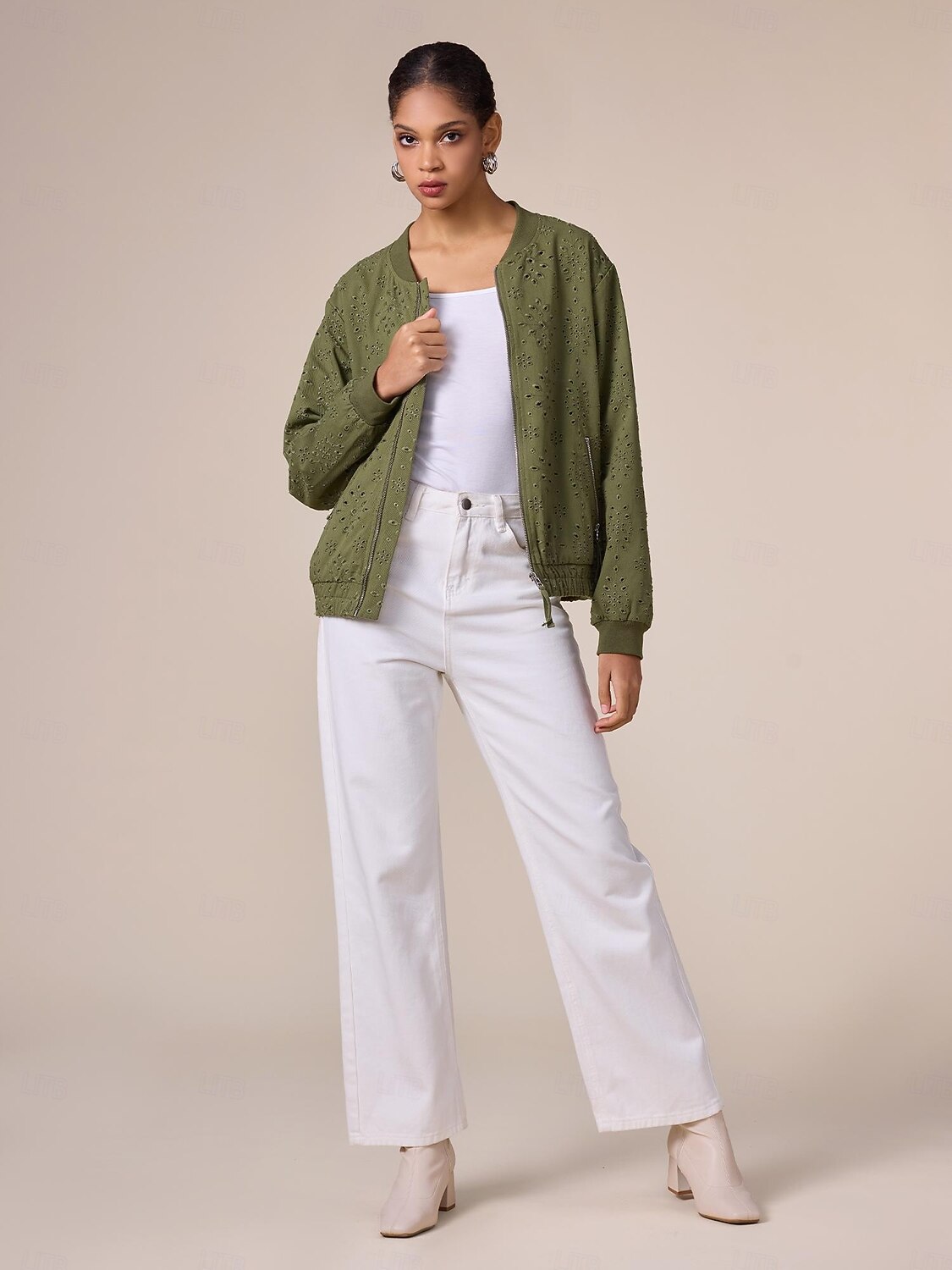 Jachetă bomber cu fermoar brodat 100% bumbac, cu gâtul uniform 2026 - $94.99 –P6