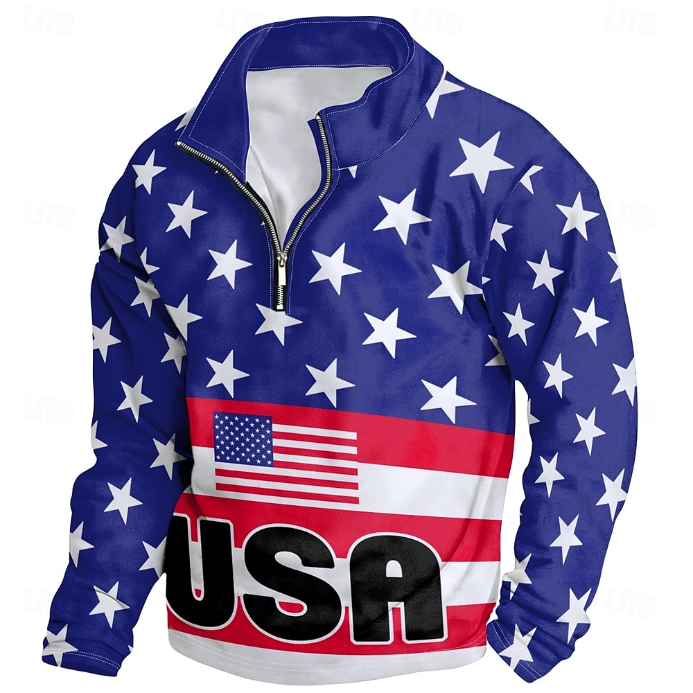 Herr Grafisk Amerikanska amerikanska flaggan Huvtröjor Dagligen Ledigt Långärmad Hög krage Semester Utekväll Streetwear Blå Mönster Vår & Höst Designer 2025 - $29.99 –P3