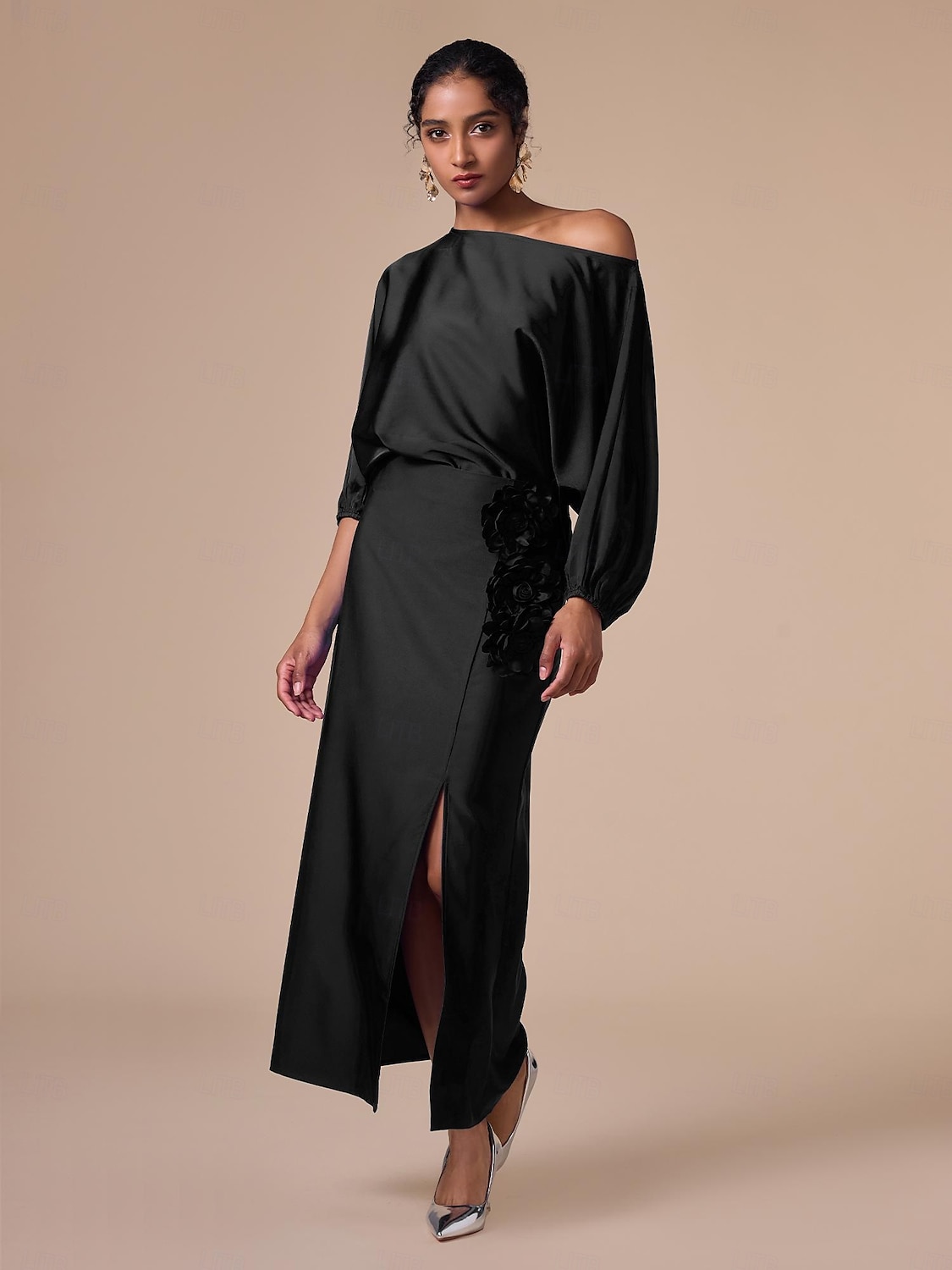 Set di due pezzi per invitati al matrimonio in raso, collo slash floreale, maniche a Giulietta, gamba larga del 2025 a $55.99 –P19