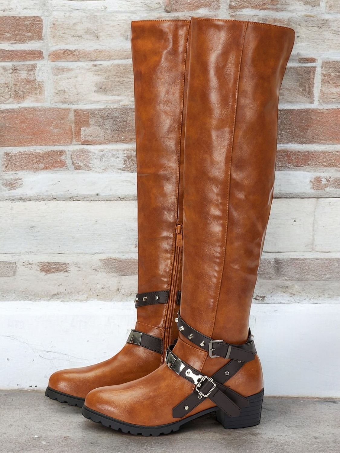 Botas de montar occidentales hasta la rodilla para mujer con correas de hebilla: botas altas hasta el muslo de cuero sintético de estilo vintage para uso informal y al aire libre 2026 - $69.99 –P1