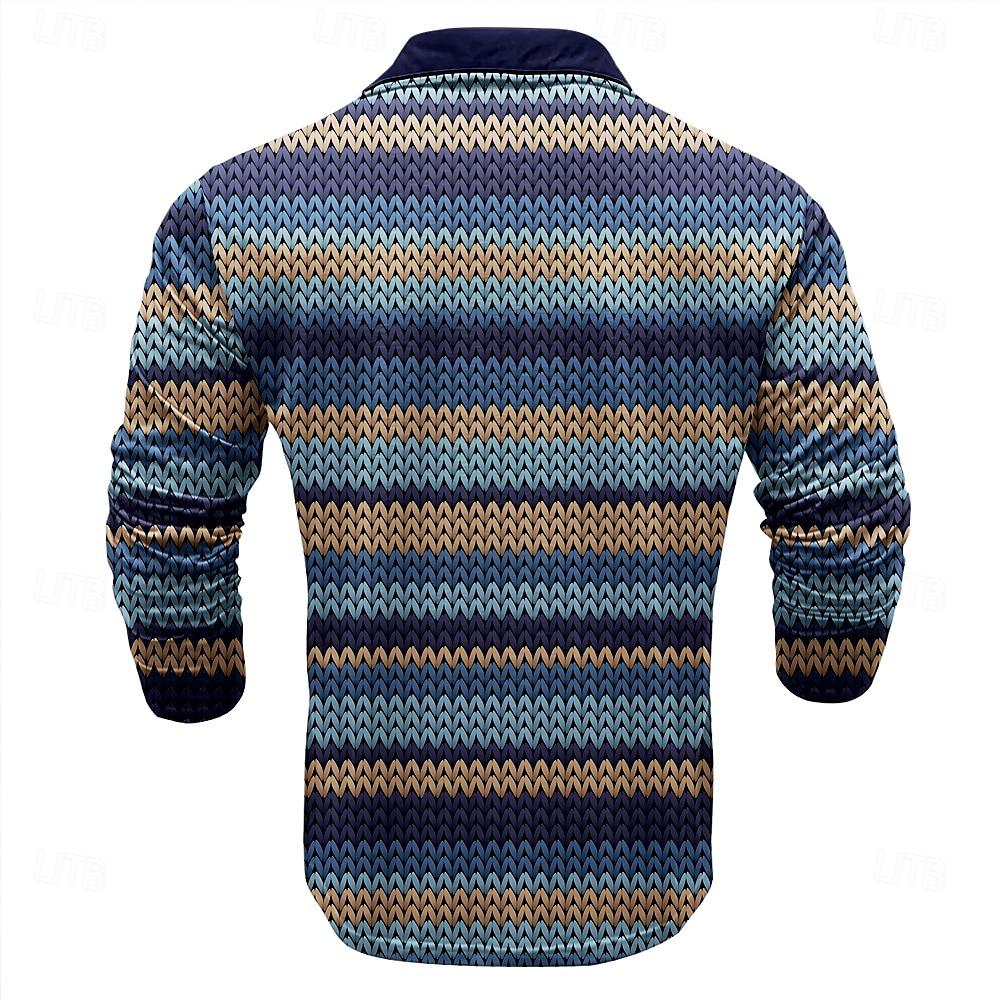 2025年 男性用 ライン/ウェイブ ポロシャツ Pullover 長袖 ポロシャツ カラー カジュアル 日常着 ボタン 3Dプリント 春 秋 冬 ブルー コレクション – $23.99 –P2