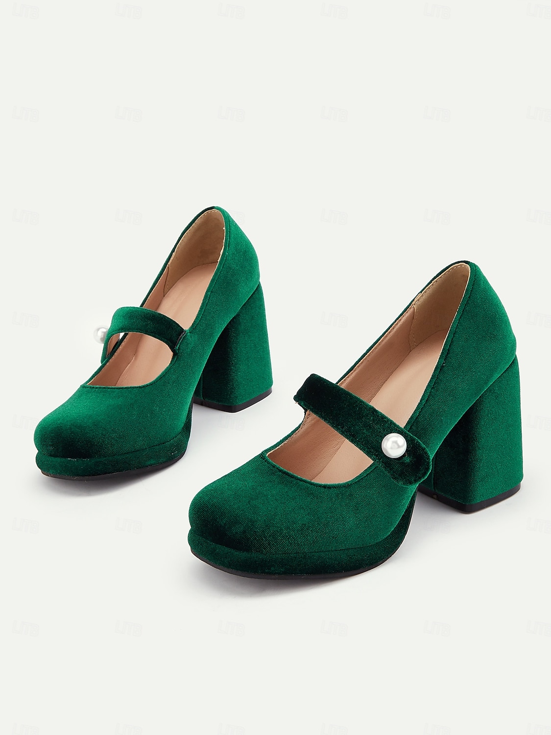 Women's Green Velvet Mary Jane Block Heels with Pearl Accent – Retro Platform Pumps for Party and Formal Events 2025 - $59.99 –P5