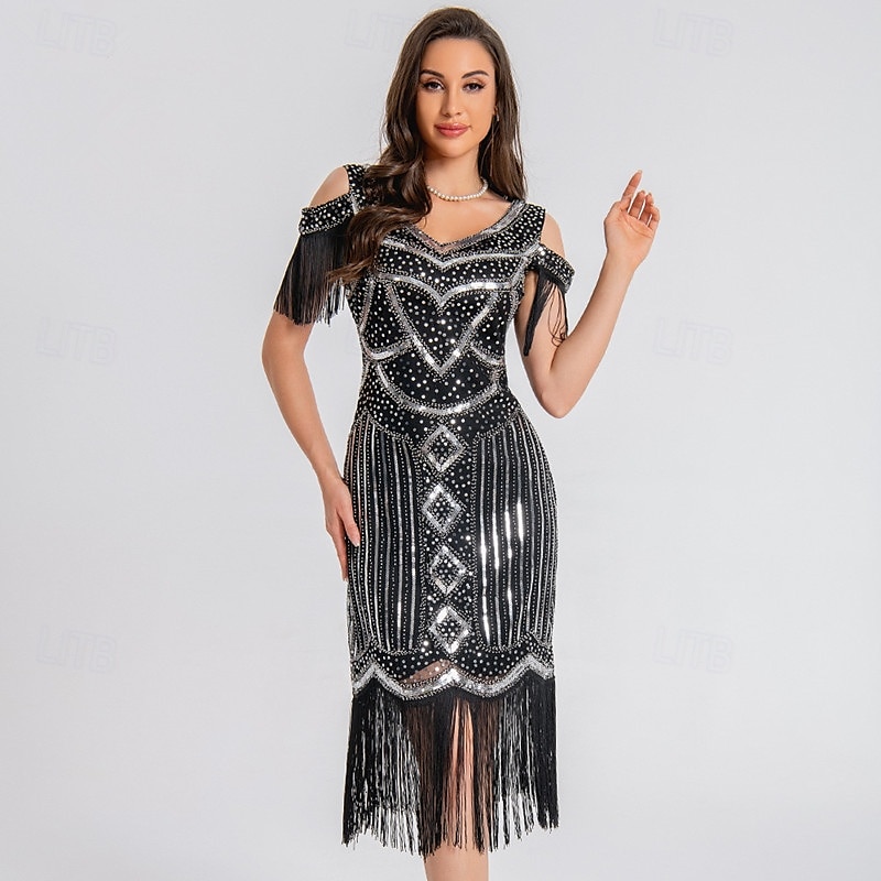 1920-as évek Vintage-inspirált Rövid hosszú Flapper ruha Jelmez Bulikra A nagy Gatsby Esküvői Vendég Flitter Flitter Rojt V-alakú Női Karácsony Mindszentek napja Újév Alkalmi / Napi Party / koktél 2025 - $46.99 –P5