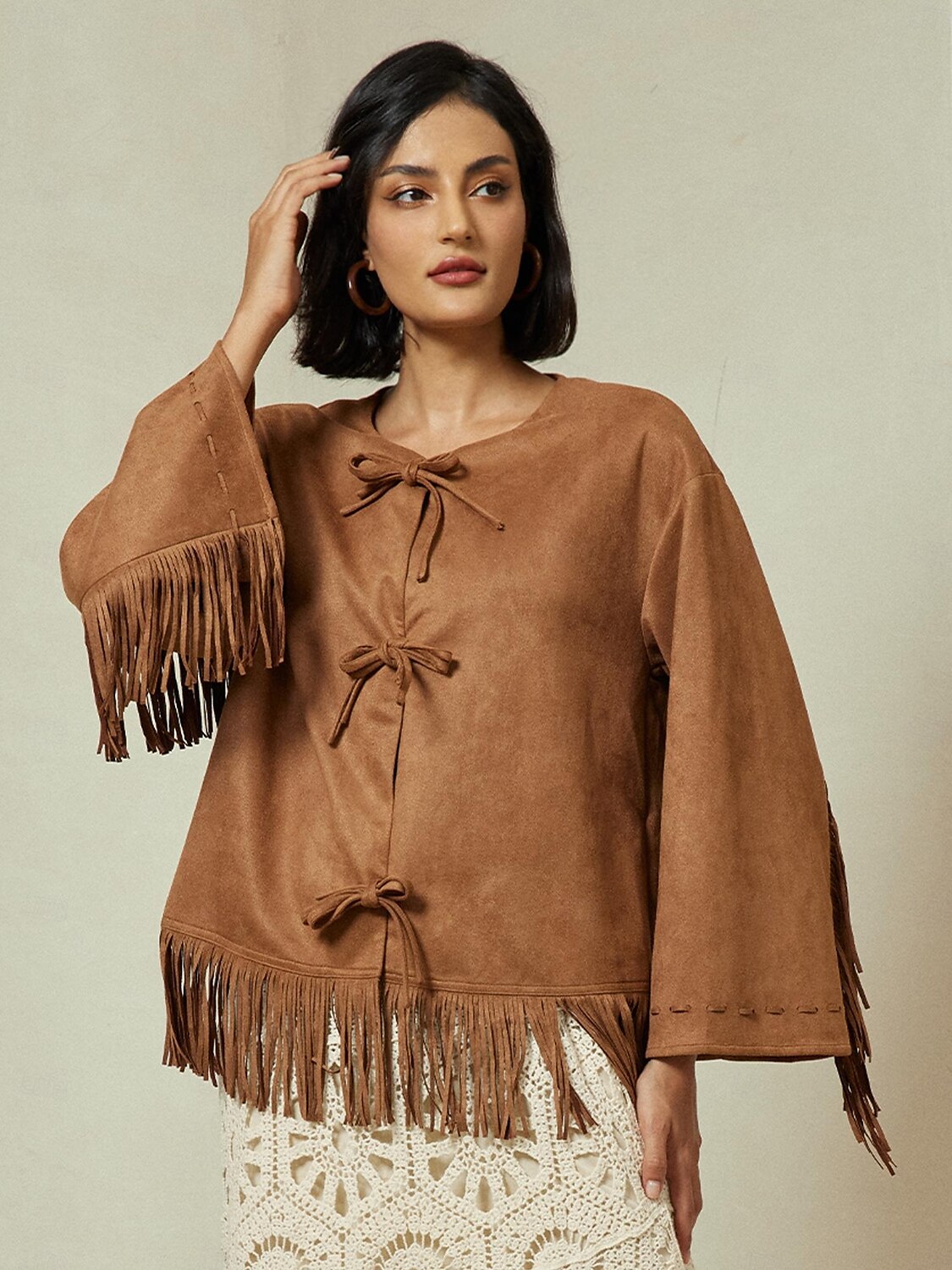 Suede Fringed Flare Cuff Sleeve Jacket 2025 - $47.99 –P1