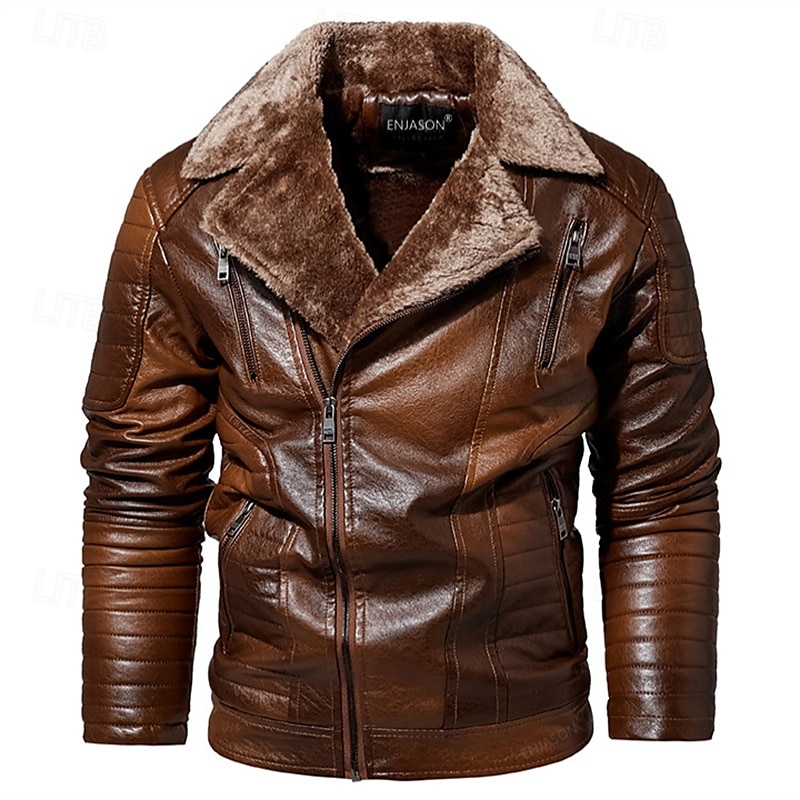 Herr Imitationsläderjacka Fleece-jacka Bikerjacka Motorcykeljacka Dagligen Semester Vindtät Håller värmen Ficka Höst vinter Slät Mode Klassisk Kavajslag Normal Svart Rubinrött Brun Kaffe Jacka 2025 - $86.99 –P8