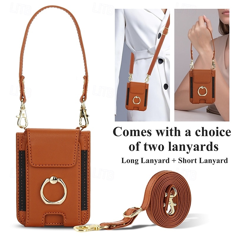 Phone Case For Samsung Galaxy Z Flip 7 Z Flip 6 Z Flip 5 Z Flip 4 Z Flip 3 Back Cover Ring Holder with Lanyard with Wrist Strap Retro TPU PU Leather 2025 - $29.99 –P16
