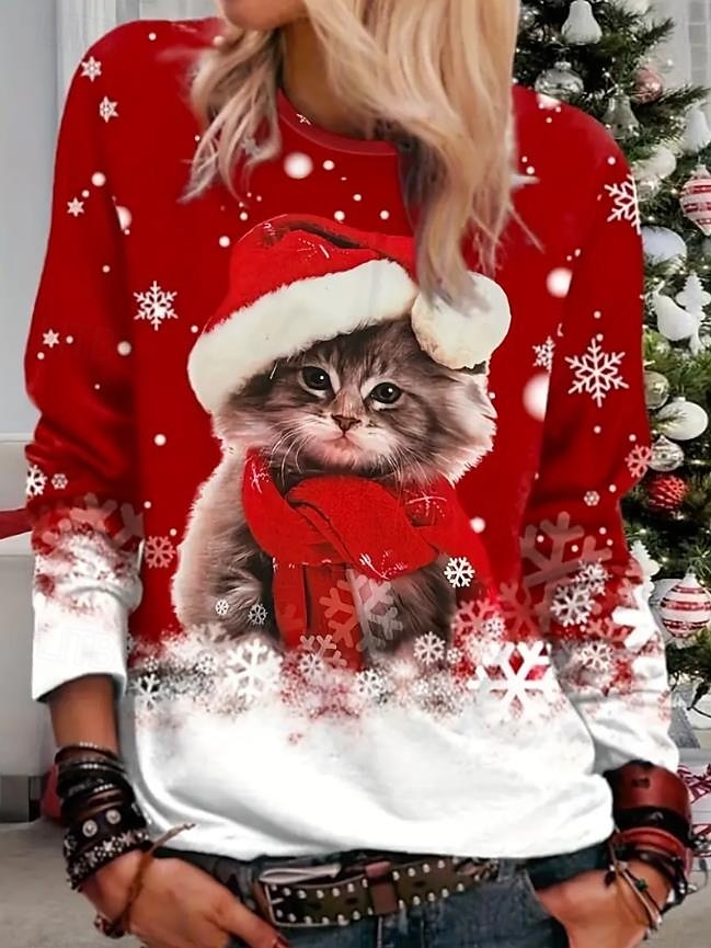 Damen Sweatshirt süßes Kätzchen Weihnachtsmannmütze Langarm Winter lässig festlich rot Grafik Rundhals Oberteil gemütlich bequem 2025 - $22.99 –P1