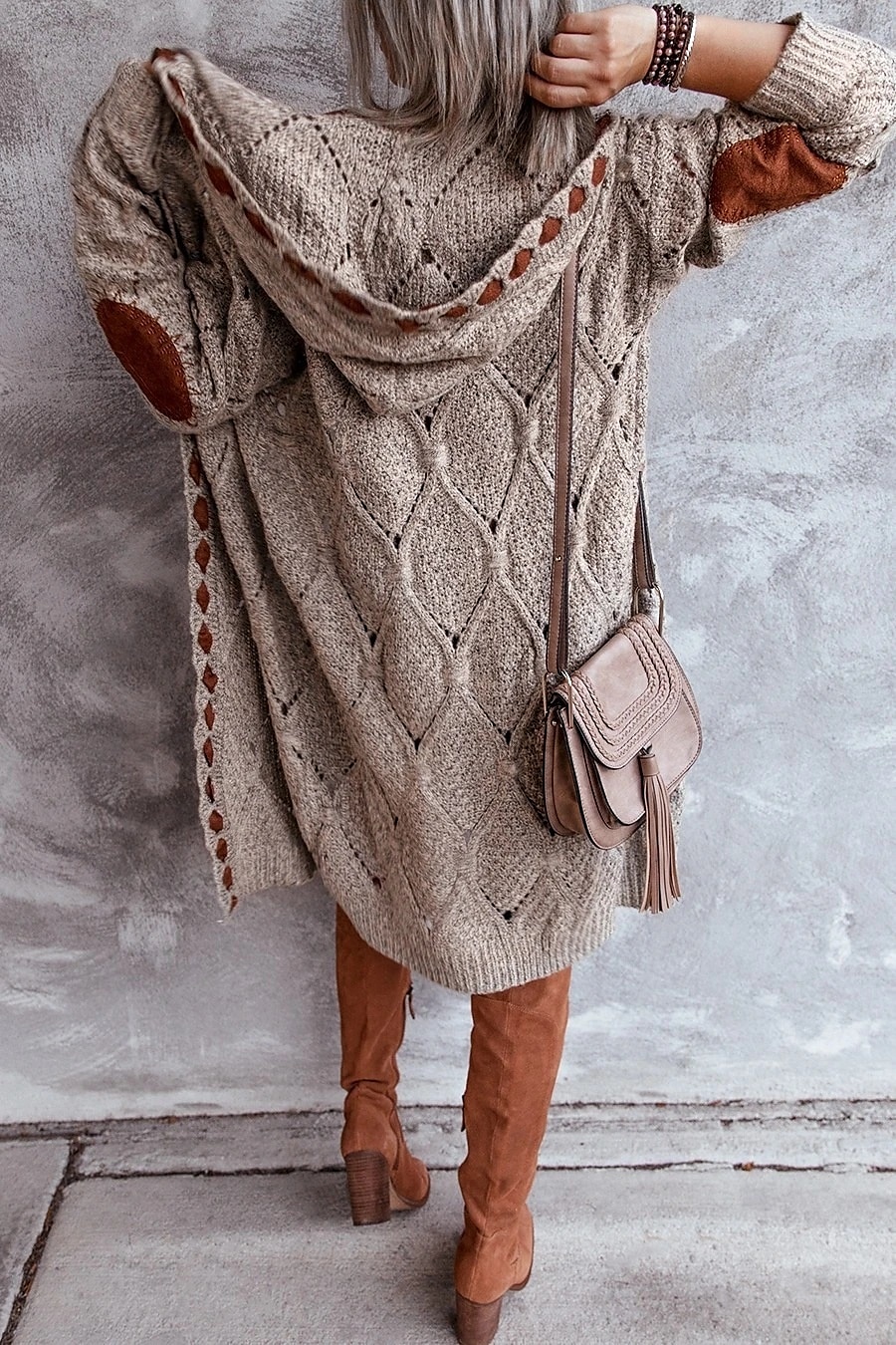 Damen Strickjacke Vintage Strassenmode Täglich Geometrisch Gedrehtes Mit Kapuze mit Schnürung Langarm Lange Oberteile Stricken Arbeit Festtage Ausgehen Khaki Herbst Winter 2025 - $41.99 –P2