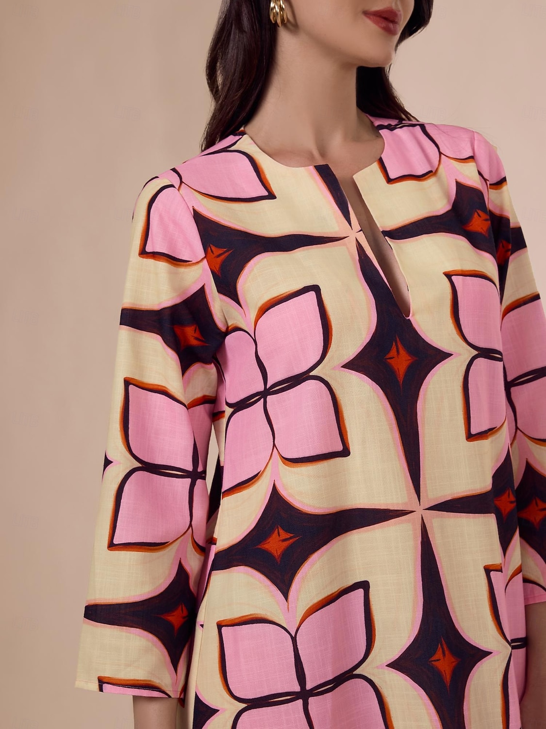 Per donna Largo Abito Stampato Abito Largo Abito maxi Rosa Manica 3/4 Geometrico Stampa Primavera & Autunno Autunno colletto dentellato Bohemien Vintage Casual Quotidiano Vacanza Casa S M L del 2026 a $91.99 –P3